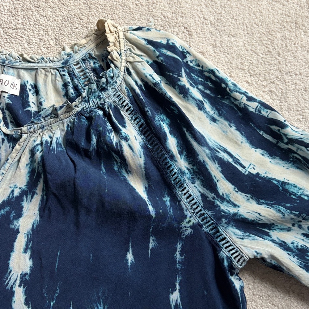 Knox Rose Women's XL Blue Tie Dye Blouse Ruffle Split Neckline Boho Peasant LS - Picture 10 of 13